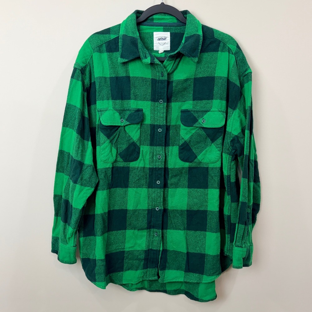 Aerie Women Medium Green Buffalo Plaid Cotton Flannel Long Sleeve Button Down
